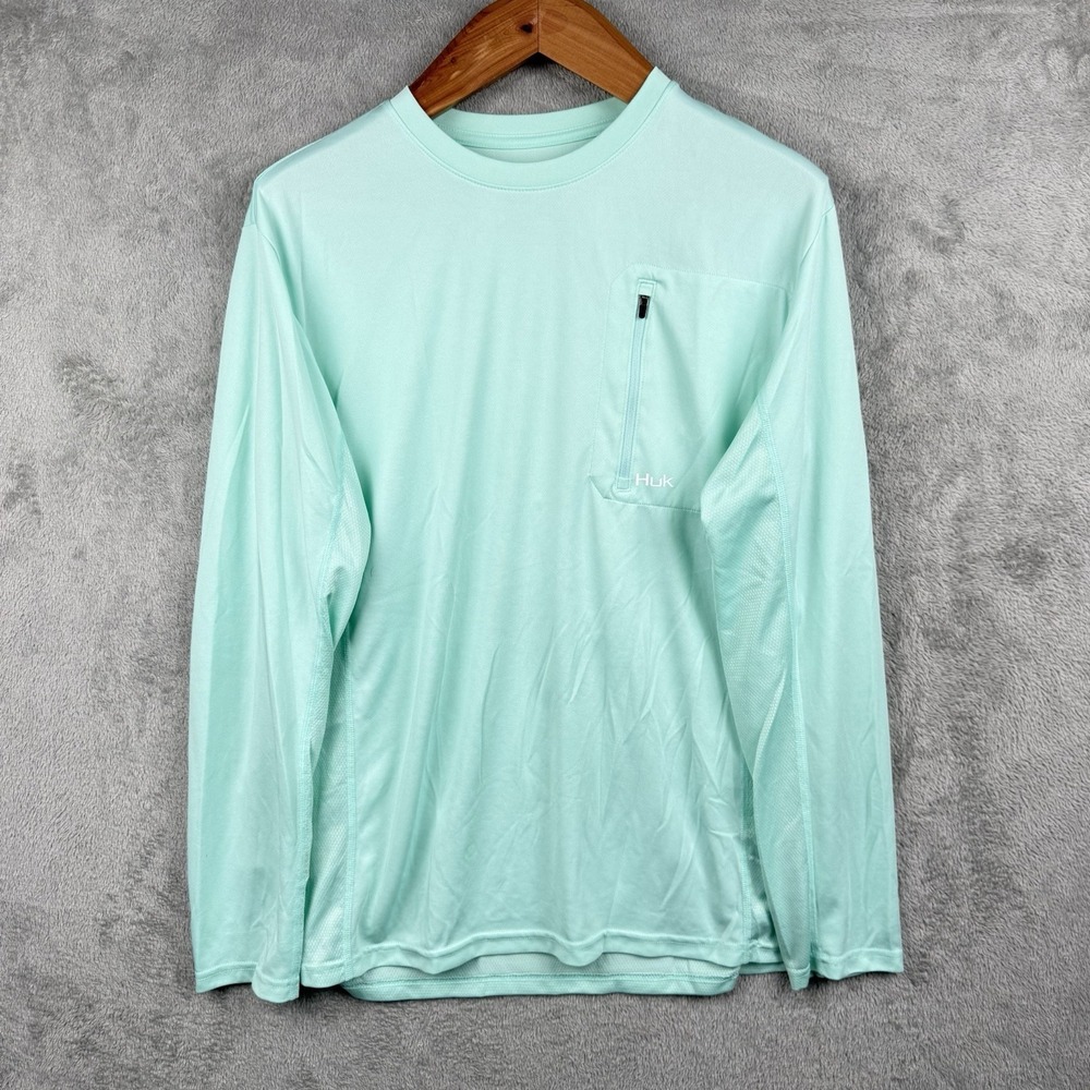HUK Shirt Mens L Light Blue L/S Performance Zip Pocket Lightweight Fishing PFG